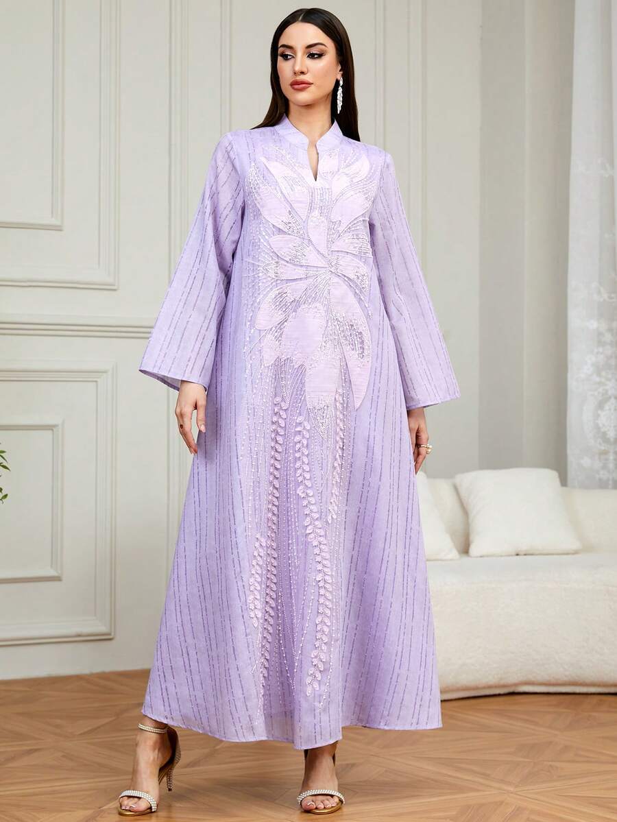 Women's Elegant V-Neck Long Sleeve Robe With Beaded Embroidery, Suitable For Ramadan, Parties, Dates And Daily Wear - Purple - View 1