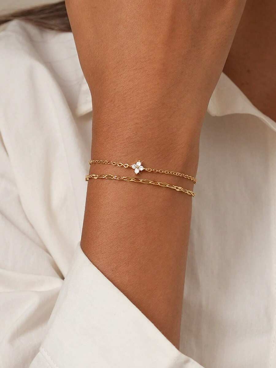Set de 2 pulseras para mujer, estilo bohemio de verano, chapado en oro multicapa básico, cadena con labios brillantes, pulseras apilables con trébol de cuatro hojas de cobre incrustado con circonita blanca, regalo de joyería apilable - Amarillo Oro - Ver 1