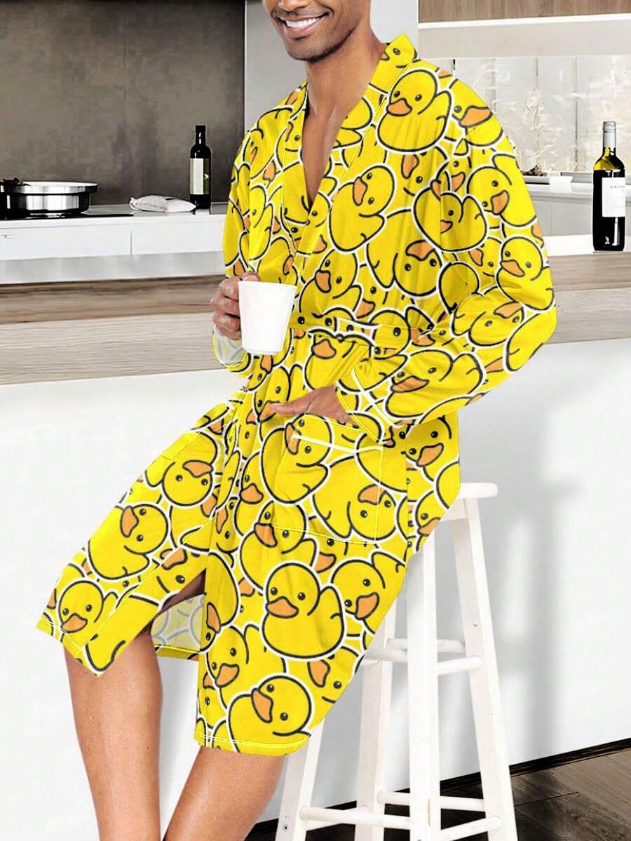 男女通用长袖卡通鸭子印花口袋浴袍，带腰带 - 彩色 - 查看 1