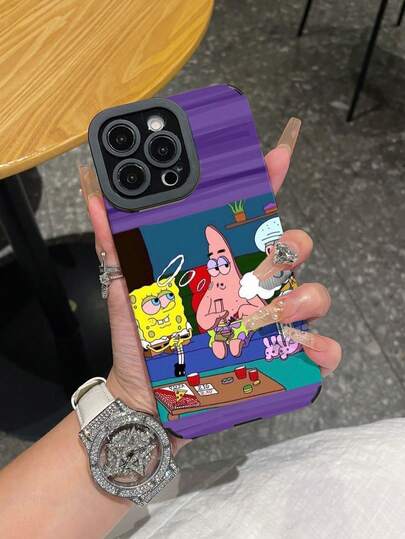  1pc Cartoon Creative Purple Striped SpongeBob & Squidward Vertical Striped Shockproof Phone Case Cover Compatible With Samsung/Compatible With IPhone 17/16/15/14/13/12/11 Pro Max/12 Pro/14 Plus