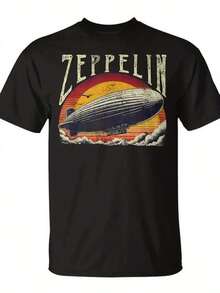 Vintage Zeppelin Graphic T-Shirt - Black Tee With Retro Airship And Sunset Design, Perfect Casual Summer Outfit For Travel And Adventure Enthusiasts - 黑色 - 查看 1