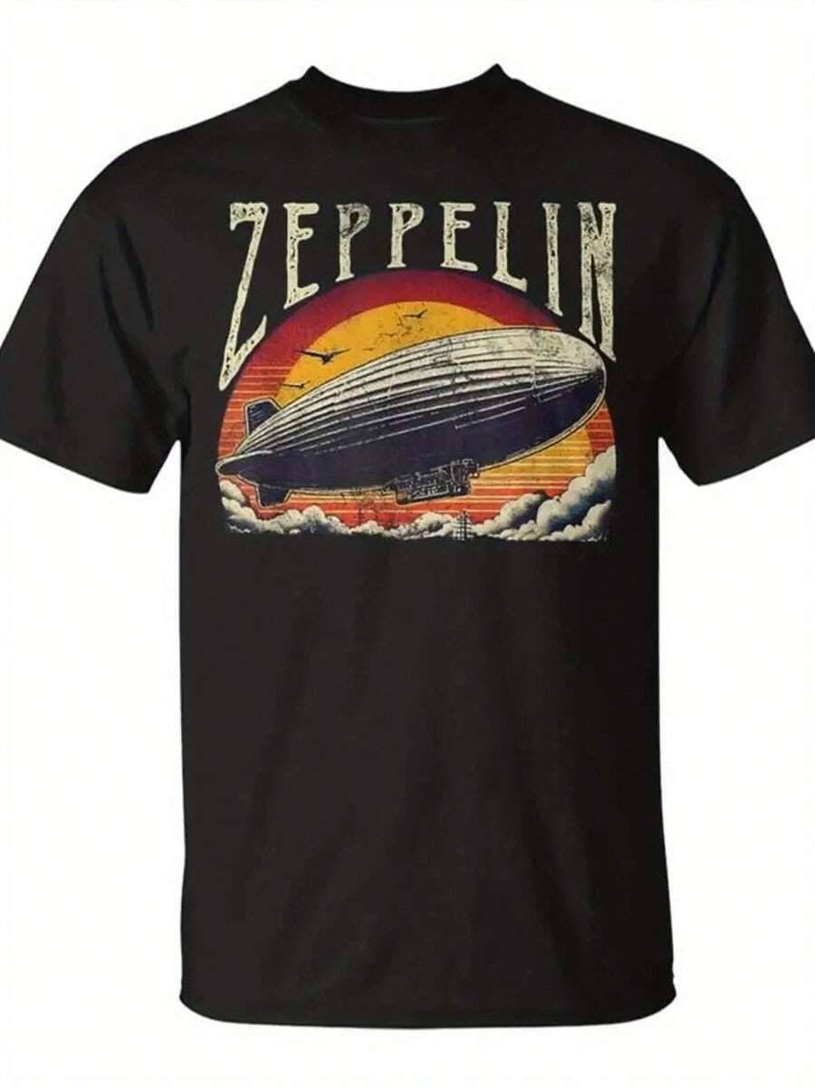 Vintage Zeppelin Graphic T-Shirt - Black Tee With Retro Airship And Sunset Design, Perfect Casual Summer Outfit For Travel And Adventure Enthusiasts - 黑色 - 查看 1