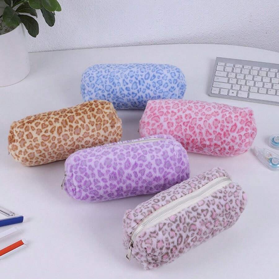 Small Leopard Print Pencil Case, Backpack, Large Capacity Cosmetic Bag, Stationery Pencil Case, Backpack - Plush Leopard Print - View 1