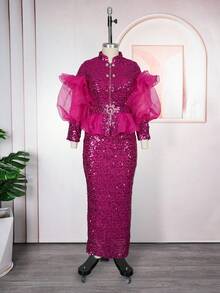 Newly Designed Beadwork Evening Dress For Ladies, African Women's Large-Sized Coat, High-Waisted Dress Set, Two-Piece Set, Goddess Dress, Birthday Party Dress - Màu Hồng Tươi - Xem 7