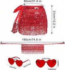 Sequin Belly Dance Scarf Tassel Wrap Sparkly Fringe Skirt With Pair Heart Party Rave Costume Women - 紅色 - 查看 4