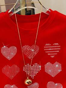 T-shirt à col ras-du-cou à manches courtes de mode minimaliste pour femmes de grande taille avec décoration de strass en forme de cœur, cadeau pour les amis - Rouge - Voir 3