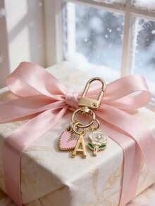 Letter Initial Keychain With Heart Rose Charm, Gold Metal Alphabet Key Ring For Women & Girls, Pink Enamel Floral Heart Pendant Keychain, Cute Personalized Bag Charm & Handbag Accessory, Car Key Holder Decoration, Stylish Backpack Pendant, Ideal Gift For Birthday, Valentine's Day, Mother's Day, Anniversary, Christmas, Holiday & Daily Use - Multicolor - View 9