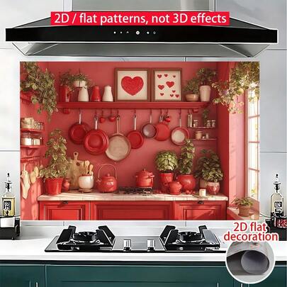 1pc Large Kitchen Wall Sticker - Red And Black Cooking Theme With Kitchen Utensils, Plates, And Hearts - Removable Self-Adhesive Wallpaper-Like Decoration For Cabinets, Backed Walls, And Walls - Waterproof Matte Surface - Easy To Apply For Home, Kitchen, Garden, And Party - Modern Farmhouse Decor, Party Decoration, Contemporary Design, High-Quality Print, Peel And Stick Wallpaper, Home Decorator, 2D Flat