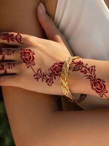 1张棕色防水花朵海娜纹身贴纸，女士专用，手部假纹身，婚礼派对节日临时纹身 - 酒紅色 - 查看 3