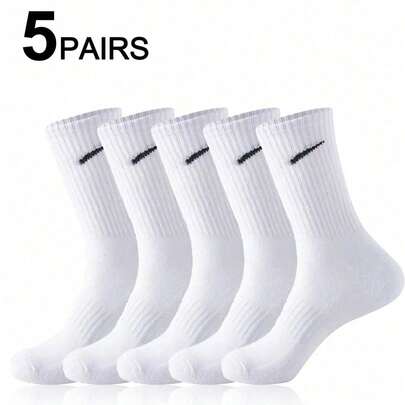 5 Pairs Unisex Sports Breathable Mid-Calf Casual Socks, Odor-Resistant & Moisture-Wicking Design, Black Versatile Style Suitable For Daily Wear And Outdoor Activities, All Seasons