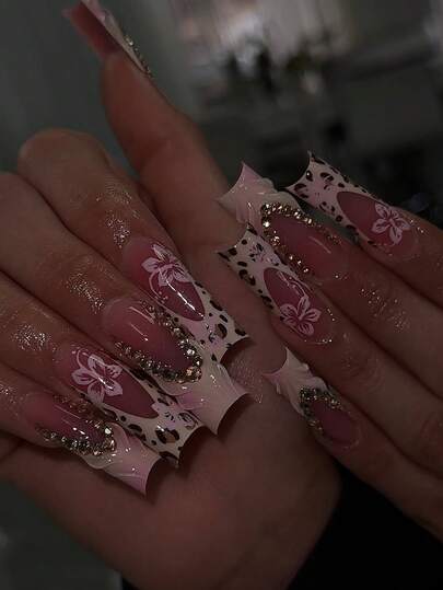 NAIO 24pcs Y2K Style Long Rectangle 3D Gel X Nail Creations, Flowers, Rhinestones And Leopard Nail Designs, Pink Ombre Leopard French Tip Acrylic Press-On Nails, Long Perfect Fit False Nails Set, Contains: 1pc Jelly Gel And 1pc Nail File, Easy To Wear French Tip Press-On Nail Art, Suitable For Women And Girls Daily Life Carnival Party Use Nail Supplies