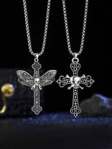 1件欧美哥特复古骷髅十字吊坠项链，男士时尚街头服饰 - 銀色 - 查看 1