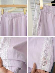 Cute Sweet Gentle Lace Trim Pink Casual Pants, Lightweight Loose Wide Leg Women's Trousers, Spring/Summer - Pinkish-purple - View 10
