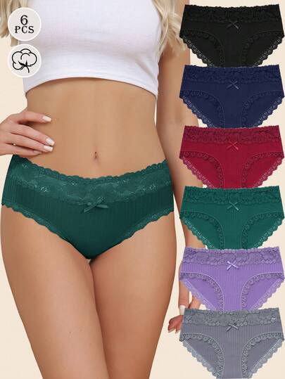 6pcs/Pack Multicolor Lace Bikini Panties For Women, Ladies' Assorted Briefs & Hipsters, Size S-XL