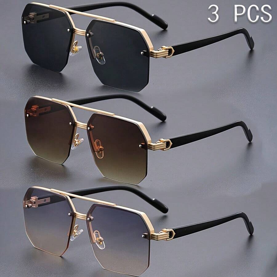 3pcs/Set Men's Polygon Double Bridge Casual Fashion Glasses Set, Stylish Square Frame Texture Suitable For Daily Commute Outfit - Multicolor - View 1
