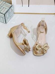 1双女童夏季高跟凉鞋，双层水钻蝴蝶结，梦幻公主鞋，方头设计，适合派对、聚会、学校演出等场合 - 金色 - 查看 7