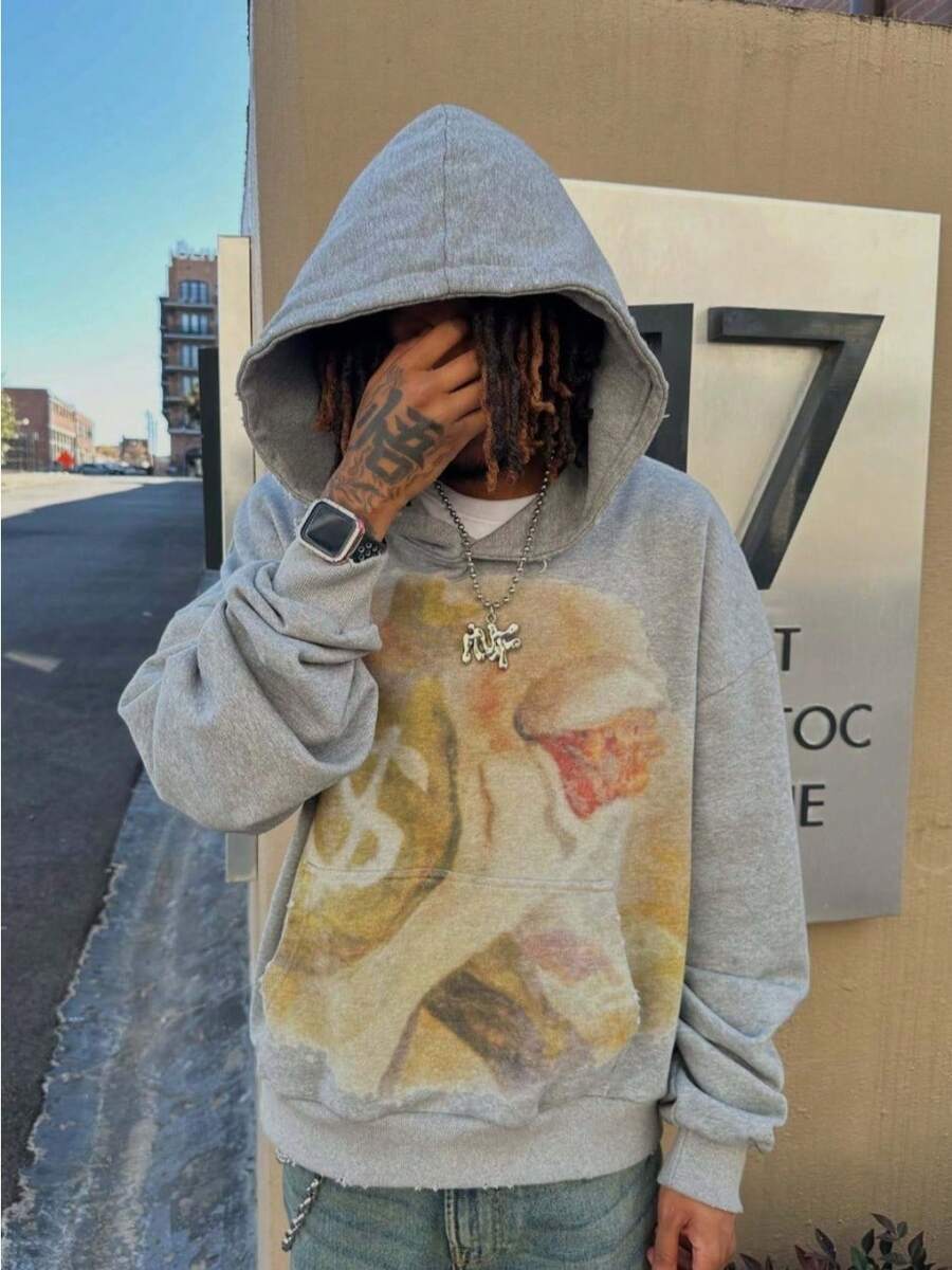 Men's Sweatshirt Street Y2K Hip-Hop Rap  Print Dollar Retro Washed Old Pattern Men's And Women's Casual Hoodie - 灰色 - 查看 1