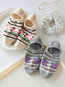 5 pares de calcetines tipo barco minimalistas con diseño de rayas y frutas dulces para mujeres, calcetines ocultos casuales, colores aleatorios, adecuados para uso diario y salidas, para todas las estaciones - Multicolor - Ver 11