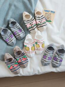 5 pares de calcetines tipo barco minimalistas con diseño de rayas y frutas dulces para mujeres, calcetines ocultos casuales, colores aleatorios, adecuados para uso diario y salidas, para todas las estaciones - Multicolor - Ver 4
