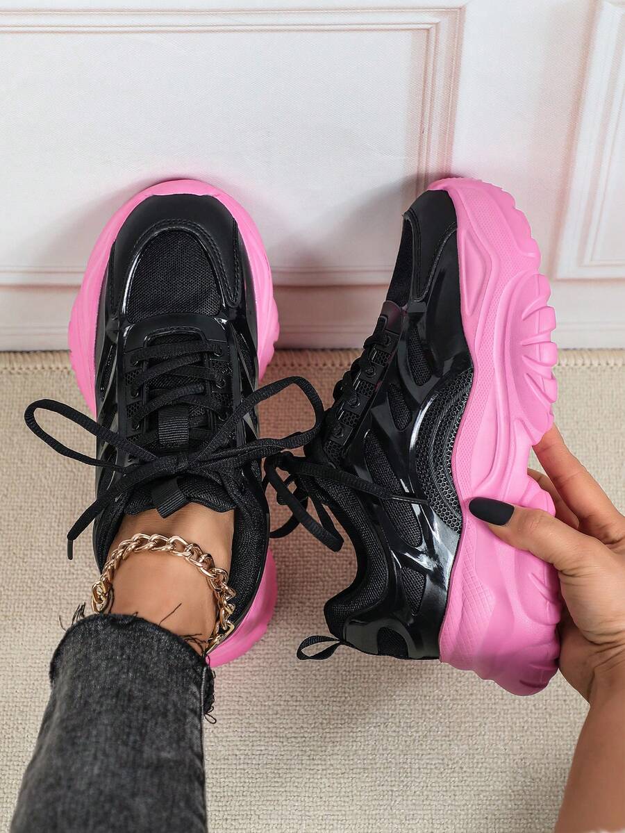 Black Leather Women's Sneakers, Minimalist And Fashionable Design With Pink Thick Soles, Suitable For All Seasons, Unisex Couple Shoes, Thick Soles, Height Increasing, Non-Slip, Comfortable And Versatile, Platform Wedge Sneakers, Ideal For Holiday Gifts And Parties.
