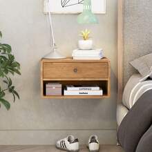 COZAYH Farmhouse Rubber Wood Floating Nightstand With Drawer And Open Shelf, Transitional Wall Mounted Side Table With Open Slot For Bedroom, Fully Assembled, Natural - Tự nhiên - Xem 2