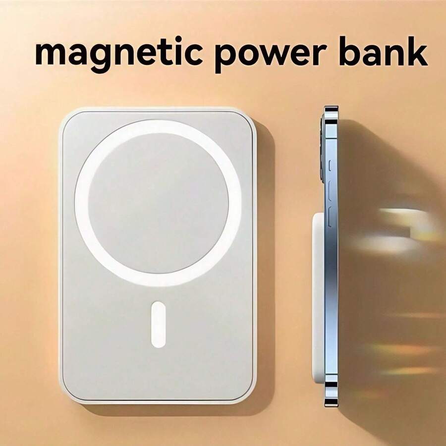 For Battery Pack, 5000mAh Magnetic Power Bank With Type-C Cable Fast Charging Lighting Input Wireless Portable Charger For 16/15/14/13/12/ All Series - White - View 1
