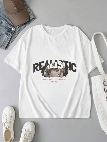 Camiseta de Mujer de Algodón 100% con Estampado Realista, Diseño de Busto Clásico y Frase "Don't Trust Everything You See", Manga Corta, Ropa Casual y Cómoda para Verano, Look Urbano y Artístico