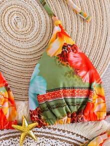 2 piezas Bikini con estampado floral sin espalda y con lazos, elegante traje de baño con estampado floral sin espalda y con lazos para playa, vacaciones y fiestas - Multicolor - Ver 3