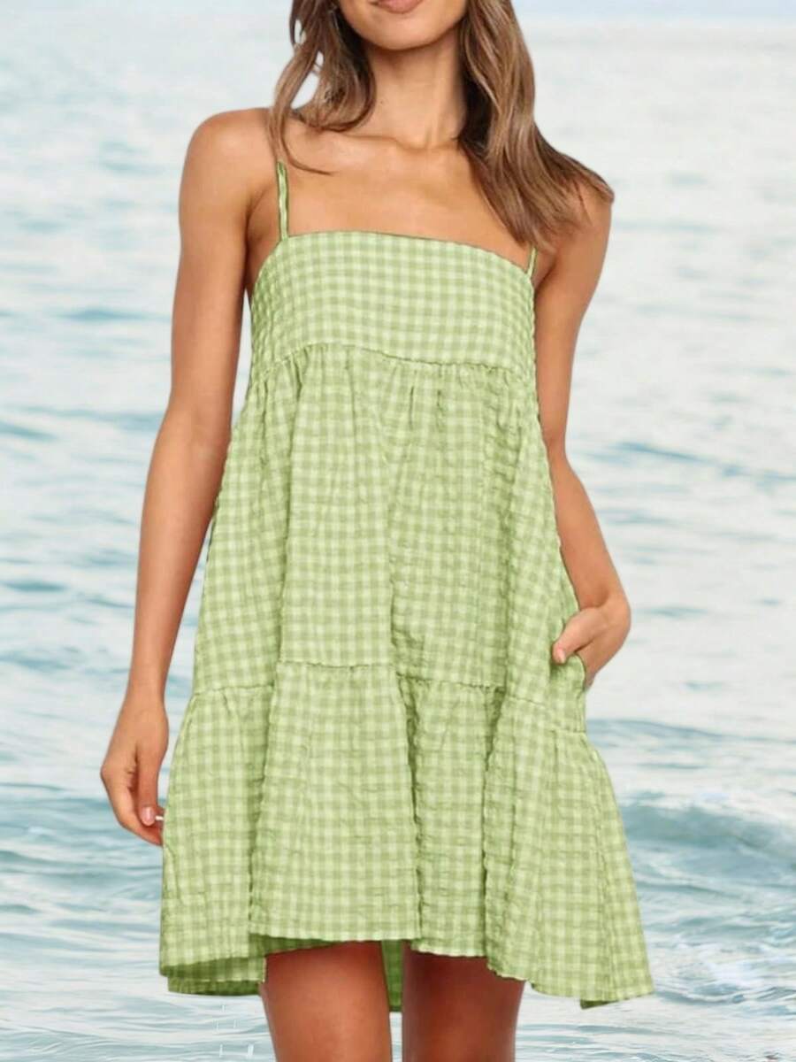 Women's Summer Plaid Mini Dress Spaghetti Strap Sleeveless A-Line Casual Beach Sundress With Pockets - 綠色 - 查看 1