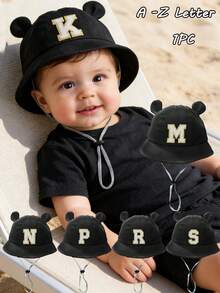 1pc A-Z Letter Print Sun Hat, Unisex Kids, Wide Brim Outdoor Sun Protection Cap With Chin Strap - Black - View 1