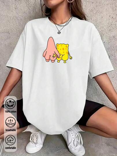2026 T-shirt col rond à manches courtes blanc avec graphique de dessin animé pur pour femmes