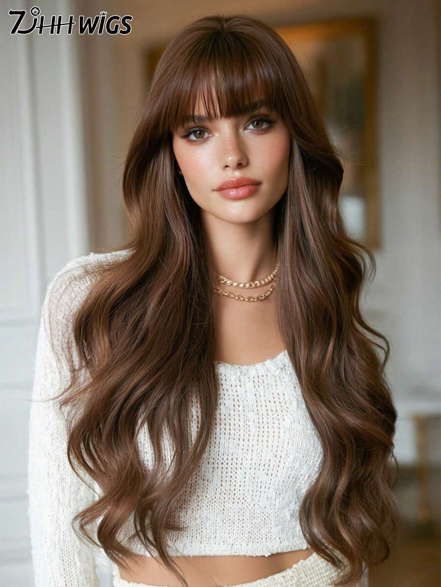 7JHH WIGS Loose Long Wavy Natural Brown Wig With Bangs 26 Inch Tea Brown Hair Synthetic Curly Wave Wig Full Machine High Density Synthetic Heat Resistant Wigs For Women Daily Wear, Music Festival Cosplay Use