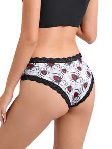 Dircho 5pcs Women's Edgy Print Briefs Set & Skeleton Deer & Star & Skull & Spider Pattern & Black Lace Trim & Soft Fabric & Dark Tone Scheme & Daily Comfort Underwear & Bold Casual Style - Multicolor - View 4