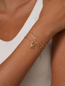 3pcs/Set Women Bohemian Summer Beach Layered Bracelets, Including Golden Plated Multi-Layer Chain, Beaded Chain, Sequin Chain, Paperclip Chain, Copper Zirconia Starfish Pendant Layered Bracelet Set, Ocean Series Jewelry Gift - Yellow Gold - View 5