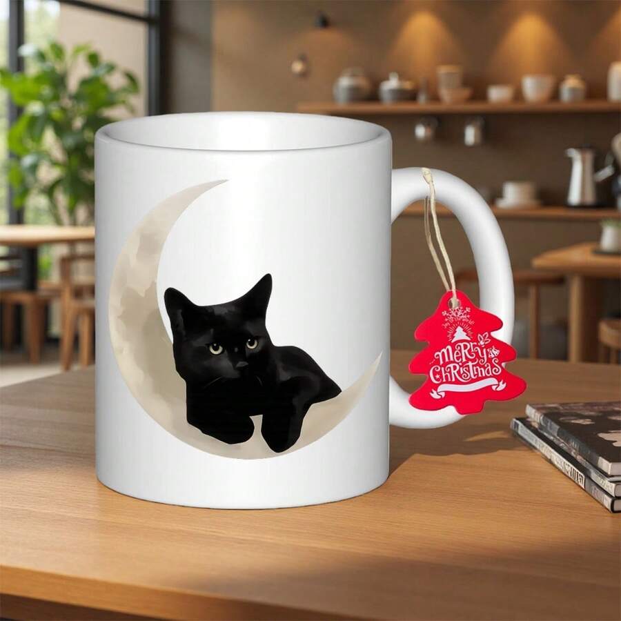 2025 New MoReusableel Black Cat On Crescent Moon Ceramic Coffee Mug - Reusable Cup With White & Black Contrast Design, Durable Ceramic Construction, Hand-Wash Only, Ideal For Hot/Cold Drinks, Perfect Gift For Coffee Lovers - Màu xanh hải quân - Xem 1