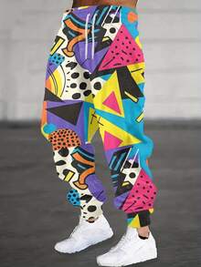 Men's Full-Body 3D All-Over Print Wide-Leg Pants - 70s/80s Retro Pop Art Outfit With Neon Colors (Pink/Blue/Green/Black/White) - Elastic Waist Drawstring Trousers For 80s Costume Parties, Themed Events & Casual Wear - Nhiều màu - Xem 1