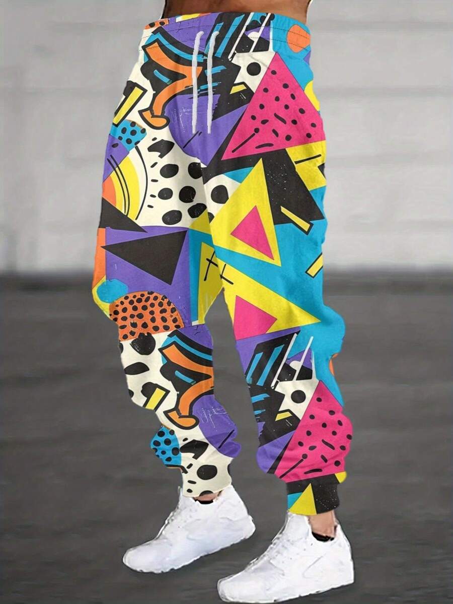 Men's Full-Body 3D All-Over Print Wide-Leg Pants - 70s/80s Retro Pop Art Outfit With Neon Colors (Pink/Blue/Green/Black/White) - Elastic Waist Drawstring Trousers For 80s Costume Parties, Themed Events & Casual Wear - Nhiều màu - Xem 1