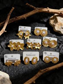 36pcs/24pcs/12pcs Women's Retro Gold Pearl Earrings Set - 14K Women's Faux Pearl Gold-Plated Stud Earrings, Creative Irregular Geometric Earrings, Pearl Heart-Shaped Earrings, Pearl Flower Earrings, Oval Earrings, It Meets Your Needs For Parties, Weddings, Dinners And Daily Wear. It Is The Best Choice - An Elegant Jewelry Set, Fashionable Jewelry - Multicolor - View 8