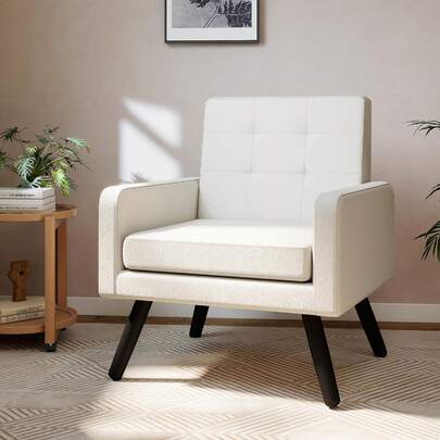 Accent Chair For Living Room, Mid-Century Modern Comfy Upholstered Armchair With Large Seat, Single Sofa Reading Chair, 496 Lb. Weight Capacity, For Bedroom, Apartment, Cream