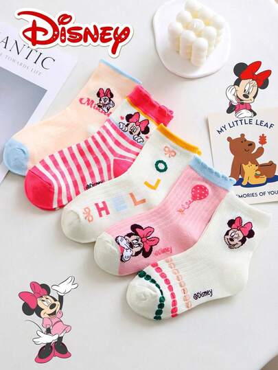  5 Pairs Disney Minnie Mouse Pattern Candy Color Lace Trim Gift Children's Mid-Calf Socks, Overall Cute Style, Suitable For Sweet Style, Adorable Distinctive Disney Patterns, Fashionable Casual Comfortable Breathable Student Socks For Autumn/Winter, Suitable For Daily Wear, Back To School, Holiday Gifts