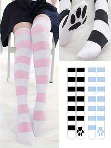 1/2/3 Đôi tất cao đến gối in hình móng vuốt mèo, tất cao đến đùi in hình chân mèo dễ thương, phong cách học sinh ngọt ngào dành cho bé gái, tất đi sàn in hình bàn chân màu hồng - Nhiều màu - Xem 1