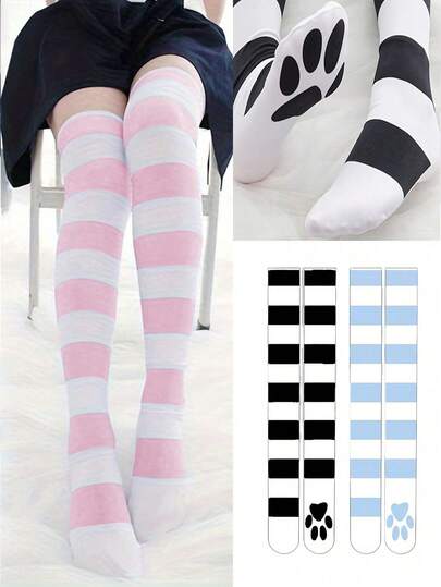 1/2/3双装猫爪过膝袜，可爱甜美学院风女童条纹猫爪印花大腿袜，粉色脚印地板袜