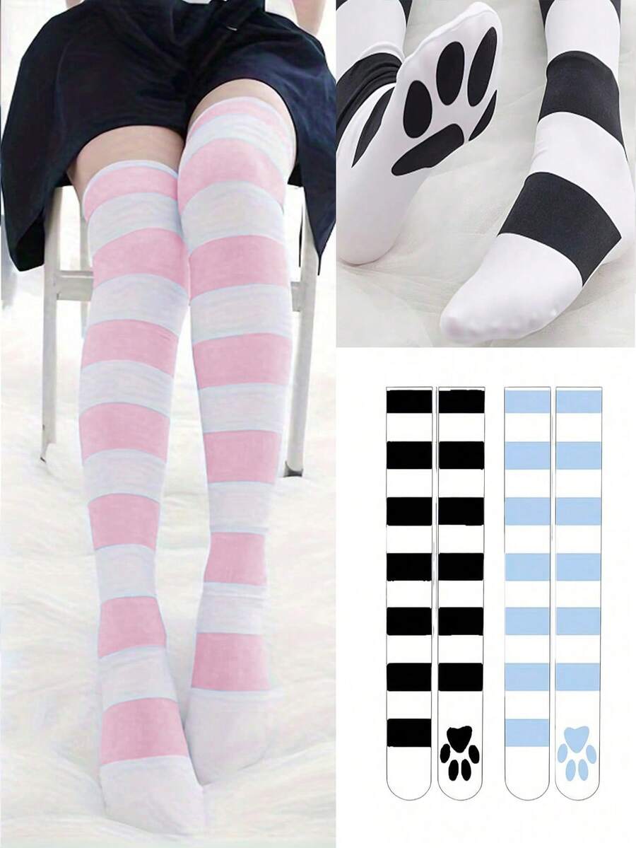 1/2/3 Đôi tất cao đến gối in hình móng vuốt mèo, tất cao đến đùi in hình chân mèo dễ thương, phong cách học sinh ngọt ngào dành cho bé gái, tất đi sàn in hình bàn chân màu hồng - Nhiều màu - Xem 1