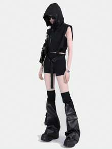 polve 1 Pair Y2K Style Black Faux Leather Patchwork Ribbed Punk Rock Volumized Pocket Leg Warmers, Slimming & Leg Shaping - Black - View 5