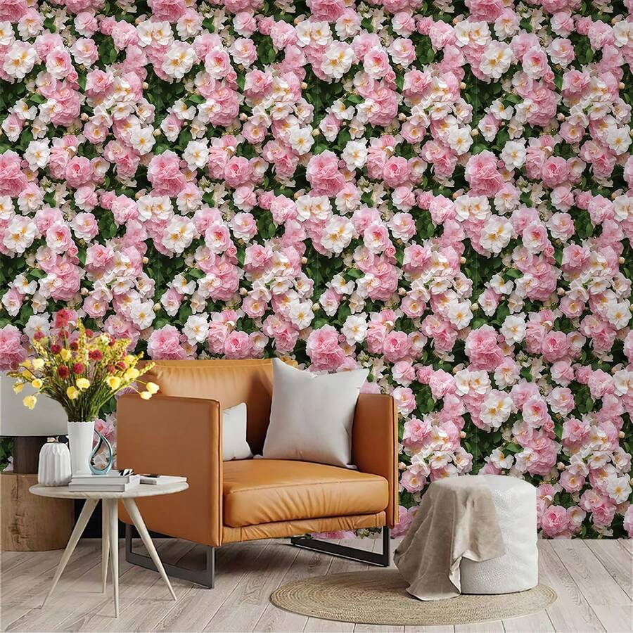 1pc Minimalist Faux Camellia Flower Pattern Wallpaper, Suitable For Boys/Girls Room, Bedroom, Living Room, Furniture Renewal, Home Wall Decor, Self-Adhesive Removable Waterproof Vinyl PVC Material For Home, Dorm, Rental, Available In Large & Small Size - 0502+XHQZ - View 1