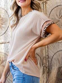 Acelitt Summer Solid Color Patchwork Leopard Print Collar Design Short Sleeve Round Neck T-Shirt - Multicolor - View 3