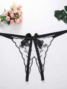 Tanga transparente con diseño de doble flor rojo rosa bordado, tanga de tiro bajo con abertura en la entrepierna, lencería de moda para mujer - Negro - Ver 8