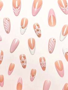 24pcs/Set Elegant Gradient Pink & White Almond-Shaped Nail Stickers With 3D Floral & Pearl Decor, Includes Gel Polish And Nail File, Suitable For Girls/Women For Daily, Party, Autumn Nails - 彩色 - 查看 2
