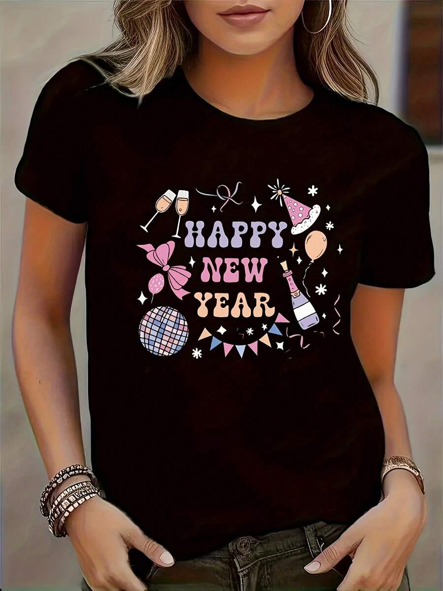 Casual Round Neck T-Shirt With - Alphabet Letter Short Sleeve Letter Printed Tops Fashion Graphic Shirts - Black - View 1