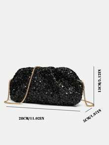 This Stylish New Women's Handbag Features A Sequined Design And A Metal Chain Embellishment. Versatile And Practical, It's Suitable For Various Occasions Such As Parties, Dates, And Banquets. - Black - View 3